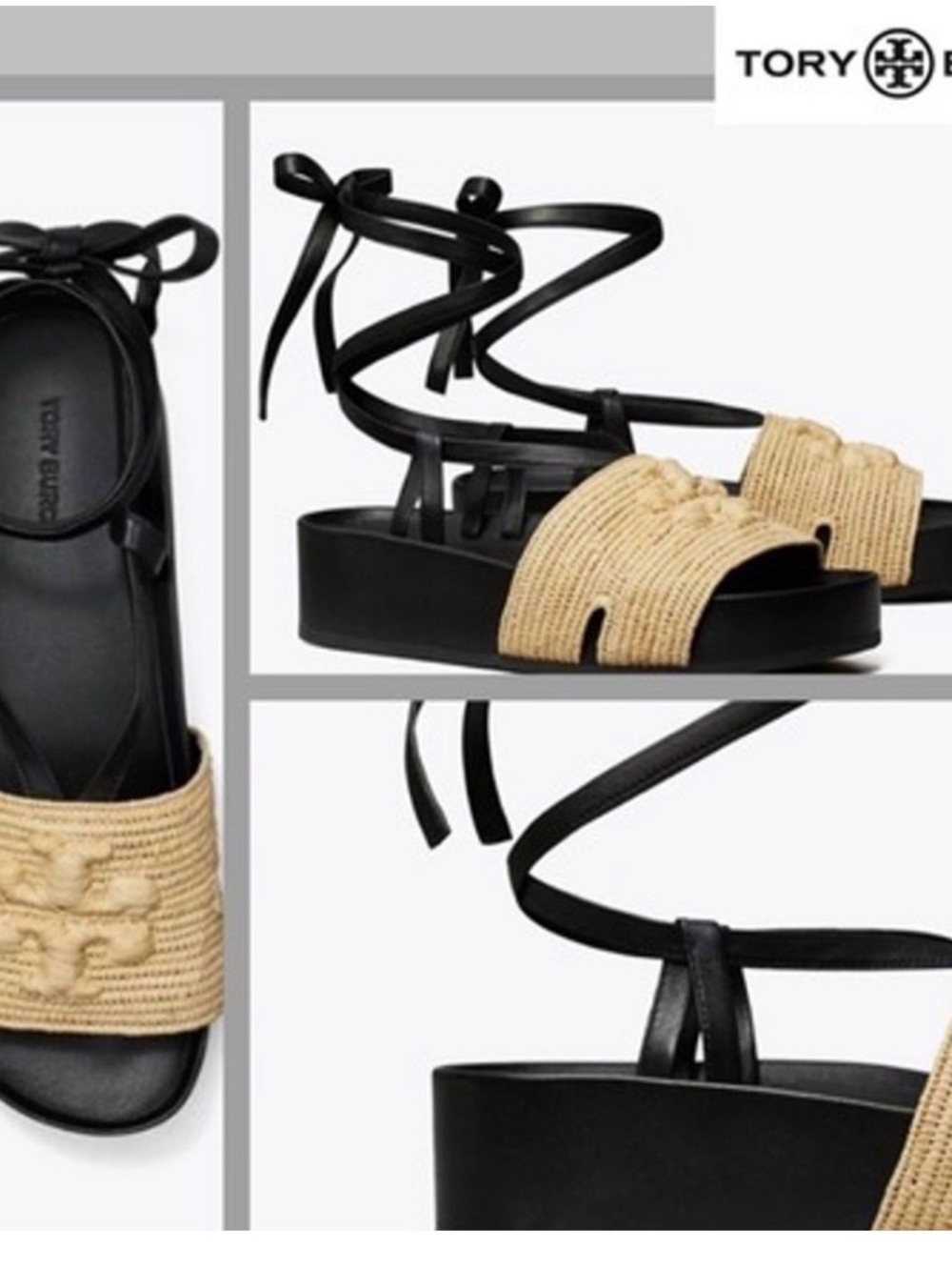 Tory Burch Black Leather Lace-Up Platforms with Natural Raffia Toe
